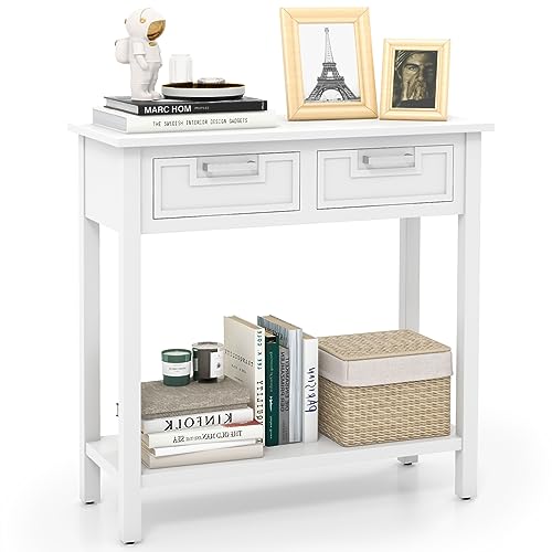 Giantex Console Table with Drawers, Entry Table, Narrow Sofa Table with Open Storage Shelf, Wood Legs, Foyer Table, Entryway Table for Office, Living Room, Hallway, Couch Table (White)