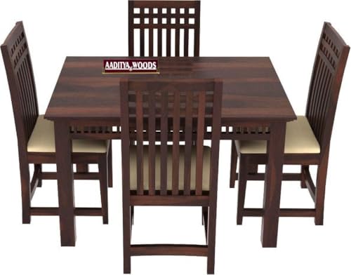Image of AADITYA WOODS Solid Sheesham Wood 4 Seater Dining Table Set with Chairs & Bench for Living Room Home Wooden Dining Table Set for Office Restaurant Modern Dining Room Set-45x30x30inch (ad-Walnut4s)