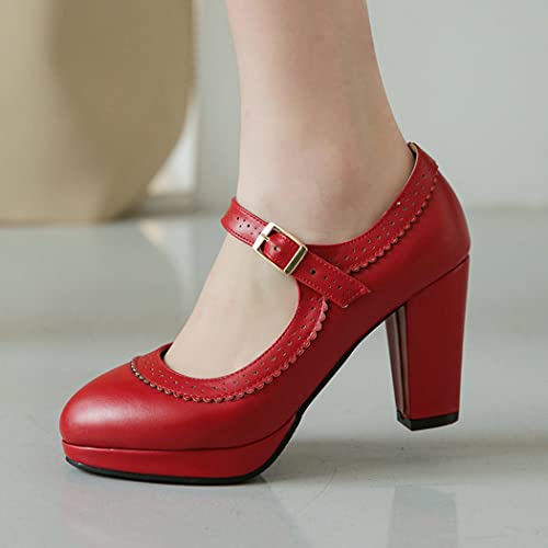 DEERBUNNY Women's Chunky Block Heels Pumps Ankle Strap Round Toe Mary Jane Shoes Platform Perforated Oxfords Shoes Party Dress Pump2