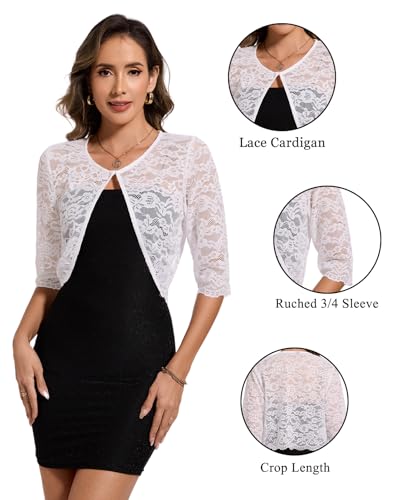 Image of MINTLIMIT Women's Elegant Floral Lace Shrug Bolero Summer Lightweight 3 /4 Sleeve Hook Open Front Cropped Cardigan for Dresses