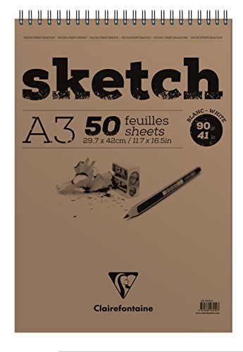 Clairefontaine 96902C - Bloc de dibujo de doble espiral (papel Sketch, 29,7 x 42 cm, 50 hojas A3, 90 gr), color blanco