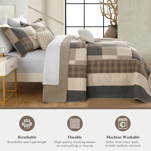 Image of 100% Cotton Oversized King Bedspread 128x120, Brown Neutral Plaid | Extra-Wide Coverage, Reversible 3-Piece Bedding Set, Fits Thick Mattresses, Lightweight All-Season Comfort, Modern Farmhouse