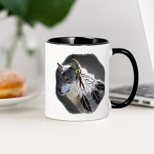 Taza de cerámica 11 oz con diseño lobo y plumas miniatura 3