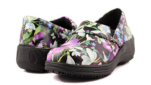 Laforst Rachel 7003 Womens Work Slip Resistant Slip On Clogs Purple/Blue Floral 6.5