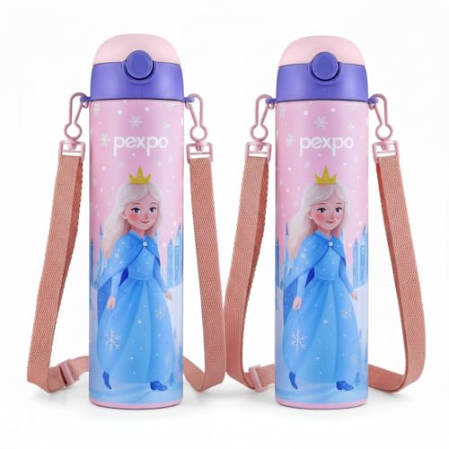 PEXPO Sporty ISI Certified Stainless Steel Water Bottle For School Kids - 700ml (Pack Of 2) | 6+ Years | Sipper Cap | Leakproof & BPA Free | Picnic, Travel, Sport - Pink Frozen Doll UV Print