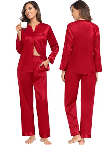 SWOMOG Matching Couple Pajamas Set Family Satin Silk Pjs Button Loungewear Men and Women Long Sleeve Sleepwear3