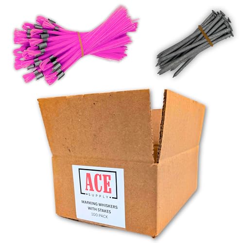 ACE Supply Pink Marking Whiskers with Stakes - Pack of 100 - Durable Marking Whisker Set - Use Survey Whiskers As Ground Markers Construction Markers Or Trail Markers