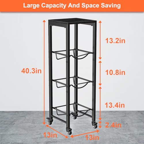 Image of 5 Gallon Water Bottle Jug Holder 3-Tier Organizer with Lockable Casters Heavy Duty Storage Rack Dispenser Stand With Wood Top Shelf for Kitchen Office Garage Black