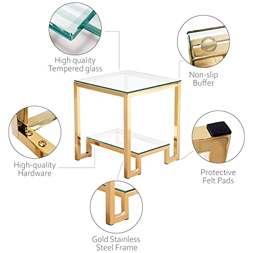 Get Set Style 0004-G Glass End Table Square,Modern Glass Side Table With 2 Tier Shelf Coffee Table,Gold Stainless Steel Frame Glass Top Table For Living Room,Balcony,Bedroom thumb #6