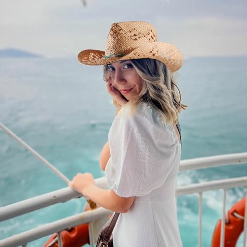 Image of Men's Cowboy Hats Summer Women Beach Cowgirl Hat Raffia Unisex Western Sun Hat