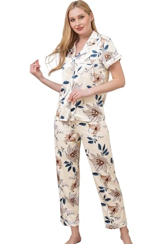 Image of WJing Yi Jia Womens Pajamas Set XS-4XL Floral Silk Satin Pajama Sets Silky Pj Sets 2Pcs Loungewear Sleepwear Button Down Pjs