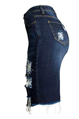 chouyatou Women's Bodycon Front Split Frayed Dark Washed Midi Denim Pencil Skirt3