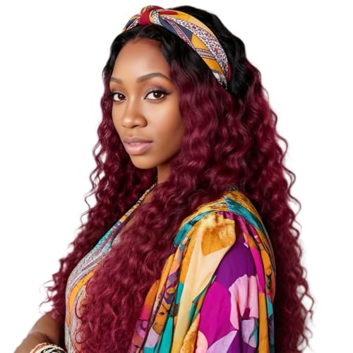 Image of XSY Headband Wig Human Hair 1B /99J Burgundy Deep Wave Headband Wig Red Colored Curly Headband Wig Glueless No Lace Front Wig Brazilian Virgin Human Hair Wigs for Black Women 150% Density 16 Inch