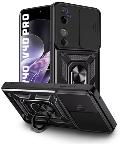Image of WOW IMAGINE Tough Armor Bumper Mobile Back Case for Vivo V40 | V40 Pro 5G | T3 Ultra 5G | Sliding Camera Shield Cover | Shock Proof 360 Protection | Hybrid PC + TPU | Ring Holder with Stand - Black