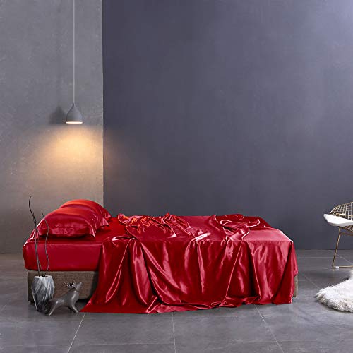 Thxsilk Silk Sheet Set 4 Pcs, 7A+ Silk Bed Sheets, Luxury Bedding Sets -Ultra Soft, Durable-100% Top Grade Mulberry Silk, King Size, Red #TOP1