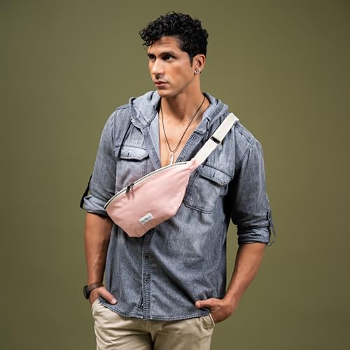 Image of The Peacock Crew Canvas Crossbody Sling Bag for Men & Women - Adjustable Strap, Dual Zippers Left /Right Handed, Secure Everyday Travel Fanny Pack Shoulder Pouch, Trekker Blush Pink, 14.5 x 6.3 x 3.6