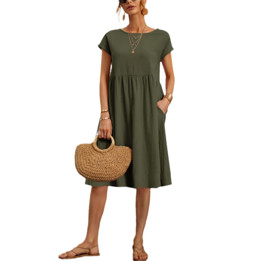 XTRANSFWomen's Short Sleeve Cotton and Linen Dress (L,Navy Blue)