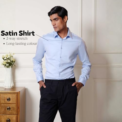 Image of SUBTRACT Men's Slim Fit Solid Spread Collar Cotton Satin Evening Shirt | Stylish Men's Wear Shirt for Office or Party