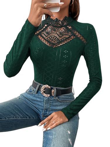 GORGLITTER Damen Bodysuit Elegant Bodies Stehkragen Ãse Stickerei Bodys Langarm Body mit Spitzeneinsatz – Bild 5