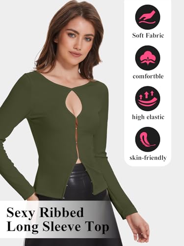 Image of Ribbed Long Sleeve Tops for Women Cut Out Ribbed Knit Crewneck Sweater Fall Slim Fit Going Out Top