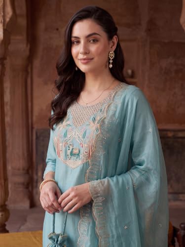Image of INDO ERA Women's Silk Blend Embroidered Thread Work Straight Kurta & Pant with Dupatta Set | Kurta Sets For Woman
