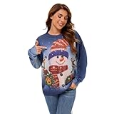 Women's Festive Snowman and Birdhouse Christmas Sweater, Oversized Knit Pullover Long Sleeve Cozy Soft Crewneck (Ugly Christmas Sweater,XXXL)