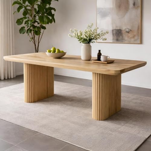 Image of ANGEL FURNITURE Grafton Solid Mango Wood Dining Table, Fluted Column Legs, Contemporary Style (Oak Finish, 140 * 90)