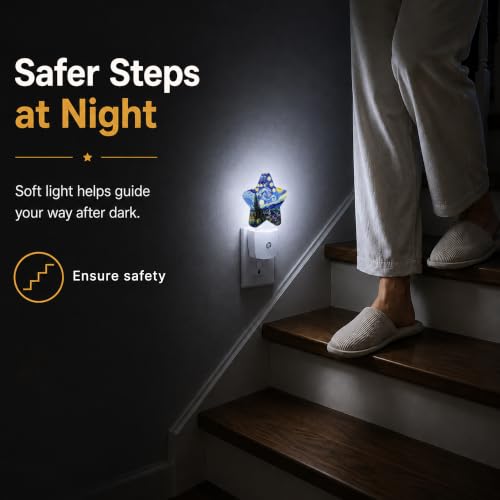 Image of Abstract Oil Painting Star Night Light Plug in, Soft Glow Night Light for Kids Bedroom Nursery, Gentle Warm Light for Sleep, Compact Lamp for Hallway Bathroom