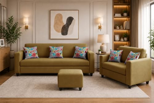 Image of Rosebell 3+2 Fabric Sofa Set with Ottoman | Premium Upholstery 5-Seater Sofa | with Printed Cushions | Living Room Furniture |Golden-Color