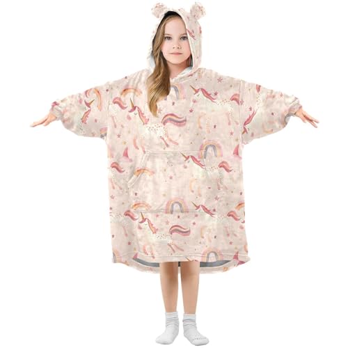 Manta de gran tamaño con capucha para niñas, diseño de amapolas, unicornio, arco iris, caballo rosa, manta para niños, manta suave y cálida con capucha, Multicolor, 120 Grande