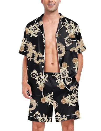 SWOMOG Men Satin Silk Pajamas Sets Short Sleeve Sleepwear Button-Down PJs Sets Two-Pieces Loungewear with Pockets Small Black Dragon