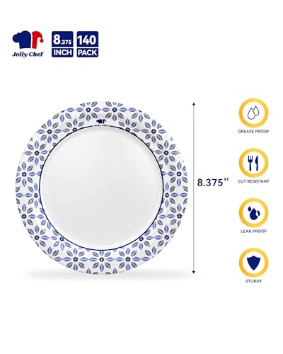 Image of JOLLY CHEF 8.37 inch Disposable Paper Plates 140 Count Soak Proof, Cut Proof, Heavy Duty Printed Disposable Plate for Everyday Use