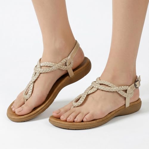 Image of UBFEN Womens Flat Sandals Dress Braided T-Strap Thong Sandals with Arch Support Comfortable for Walking