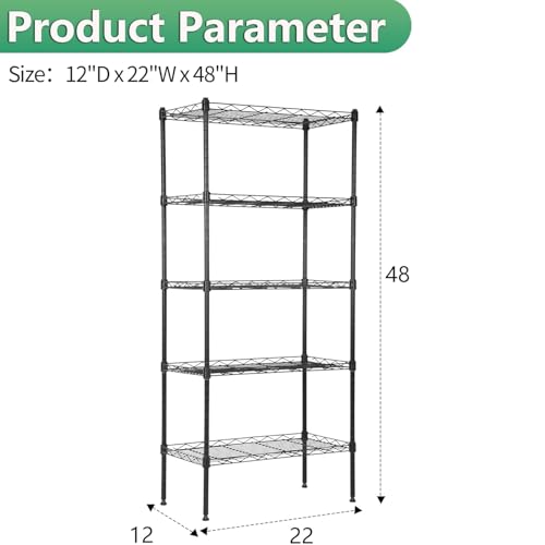 Image of BestOffice | 5-Tier Wire Storage Shelves | 22x12x48 | Black | with Adjustable Racks | Heavy-Duty Metal Shelf, Holds Upto 750 lbs | No-Tool Assembly | Ideal for Home & Garage Shelving