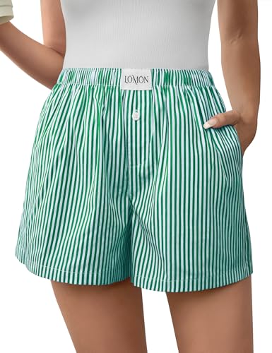 Image of LOMON Boxer Shorts for Women Summer Gingham Pajamas 2026 Lounge Sleep Pj Plaid Shorts Y2K Beach Bottoms with Pockets