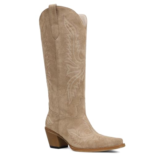 Image of Tscoyuki Cowboy Boots for Women: Embroidered Western Knee High Boots Women - Pointed Toe Chunky Heel Cowgirl Tall Boots