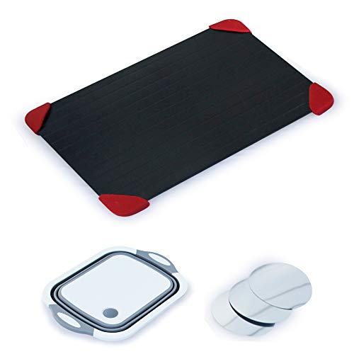 JnH Kitchen Collection Defrosting Tray Set - Large 3mm-Thick Meat Thawing Plate with Silicone Rubber Feet - Safe, Easy to Use - 3-in-1 Veggie Tray, Collapsible Colander, Cutting Board - Wine Discs