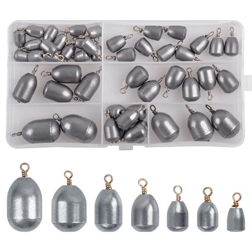 Iron Fishing Weights Tackle Kit, 48pcs Iron Sinkers Assortment with Tackle Box 7 Sizes Oval Hollow Shape Sinker Weights Bass Casting Fishing Terminal