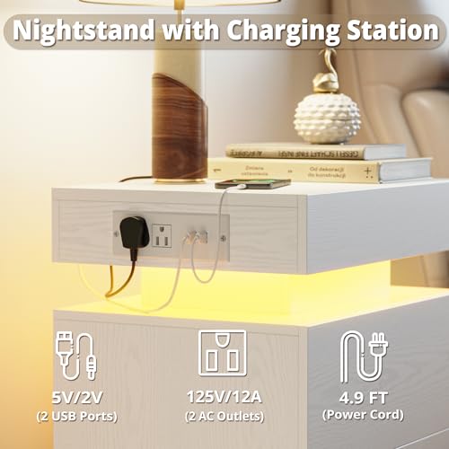 Modern White Nightstand Set with Charging Station, Drawers, and LED Light - Bedroom Side Table Set