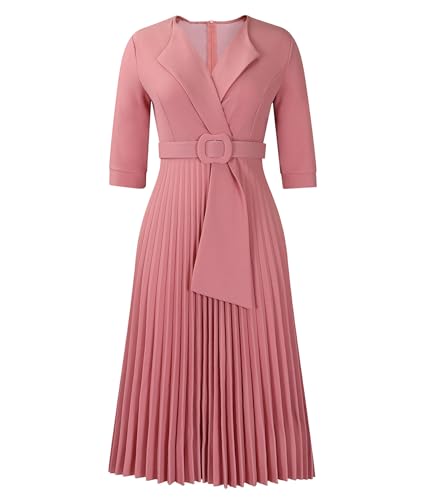 Image of SOMTHRON Women's Elegant 3 /4 Sleeve Blazer Dress V Neck Lapel Pleated Business Work Swing Midi Dress with Belt