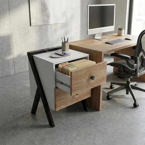 Image of FFO Modern Bedside Table with 2 Drawers | Wooden Nightstand with Metal Frame Legs | Compact Side Table for Bedroom | Storage Organizer Cabinet (60 x 35.8 x 45 cm).