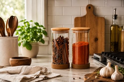 Image of Femora Borosilicate Glass Jars with Bamboo Lid I 1000ml Each-Pack of 4 | Transparent Airtight Borosilicate Kitchen Containers Set | Glass Jars for Cookies Snacks Pulses Dry Fruits Nuts