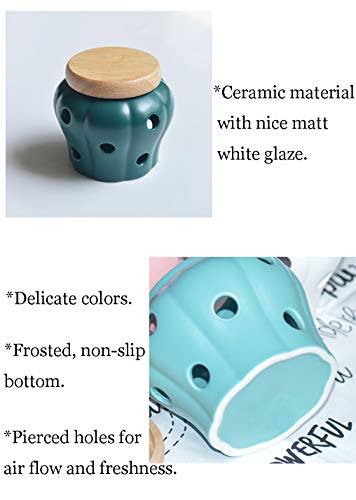 Mornenjoy Garlic Keeper,Ceramic Macaron Tone Garlic Jar Hollow Pumpkin Garlic Vented Storage Container Garlic Cellar Pot With Bamboo Lid (Teal Green) #TOP5