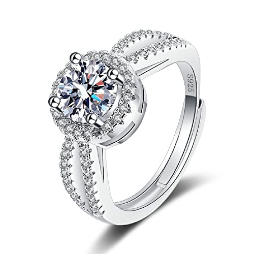 Fashion Ring moissanite Ring Female Luxury Double arm Diamond Round Package Ring Female 1 Carat Anniversary Engagement Split Wedding Ring Ladies Engagement Ring CZC476 (White Gold)