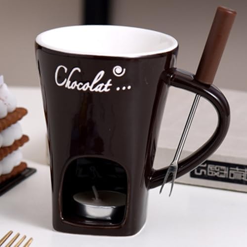Chocolate Fondue Cups, Multifunction Ceramic Hot Tealight Mugs with Fork, Melting Mug, Dark Peanut Butter Mug Gi-ft Set(White,1pc)