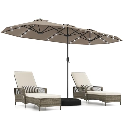 COSTWAY Parasol de Jardin Exterieur avec Pied 4 x 2 m avec LED Solaires, Parasol Double Rectangulaire avec Manivelle&2 Sacs de Sable, 8 Personnes, Protection...