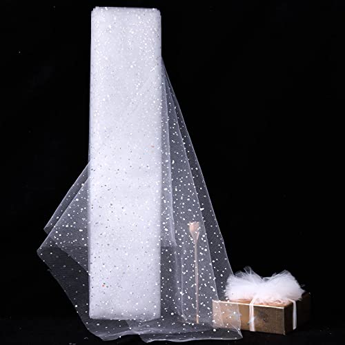 HAVII 54' x 10 Yards White Glitter Tulle Rolls Bolt Sequin Tulle Fabric Netting Fabric for Tutu Skirts Dress Sewing DIY Crafts Birthday Wedding Party Decoration