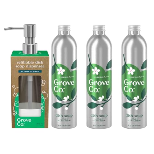 Image of Grove Co. Apple & Pear Blossom Dish Soap Refill Bundle, 3-Pack of 16 oz Aluminum Bottles with Reusable Glass Soap Dispenser, Natural Fragrance Grease-Cutting Plant-Based Formula