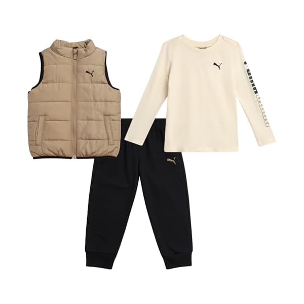 PUMA Toddler Boys Pants Set - 3 Piece Long Sleeve Shirt Kids Puffer Vest and Boys Pants Clothing Set (Sizes: 2T-7)
