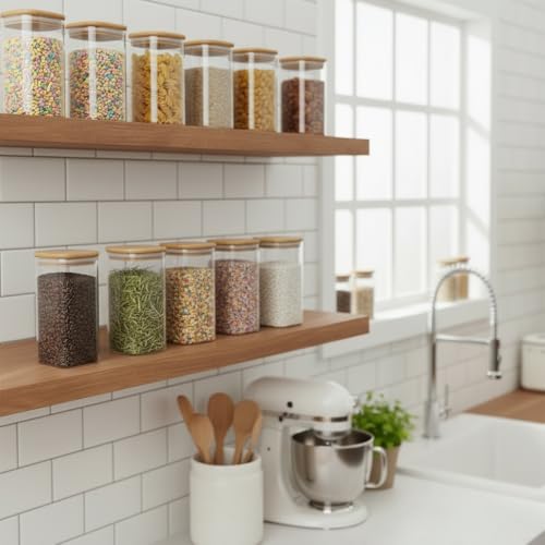 Image of ginoya brothers Airtight Borosilicate Glass Square Jar With Wooden Or Steel Lid Multi-Size, Container for Spices, Coffee, Grains, Snacks & Kitchen Organization (4, WOODEN LID, 420 ML)